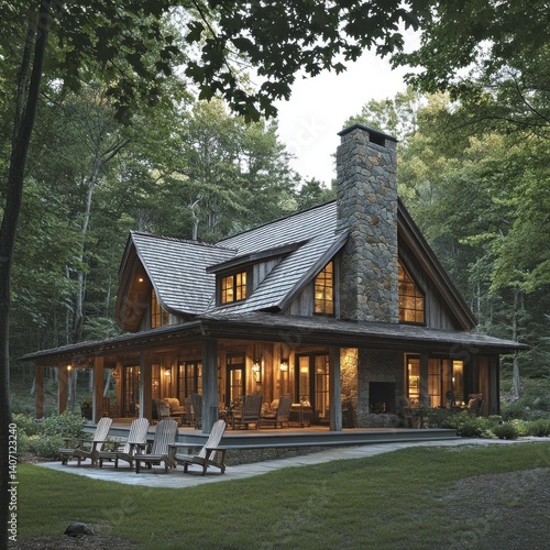 Rustic cabin exterior clad in cedar shakes, stone chimneys, and a wraparound porch with Adirondack chairs. 