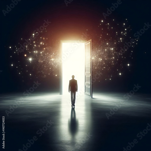 A silhouette walking toward a bright door floating in a dark void, symbolizing transformation