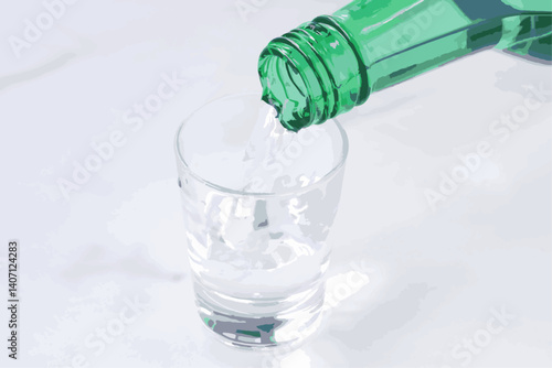 韓国の伝統的な蒸留酒、よく冷えた韓国焼酎（ソジュ）をグラスに注ぐ