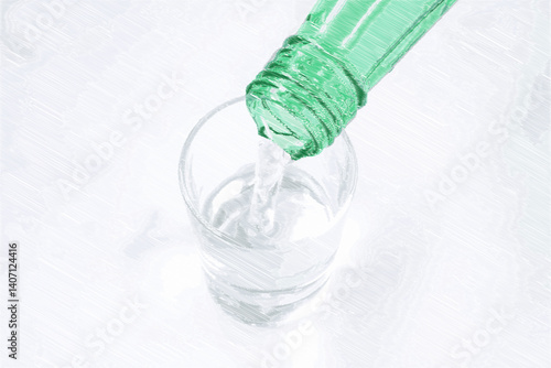 韓国の伝統的な蒸留酒、よく冷えた韓国焼酎（ソジュ）をグラスに注ぐ