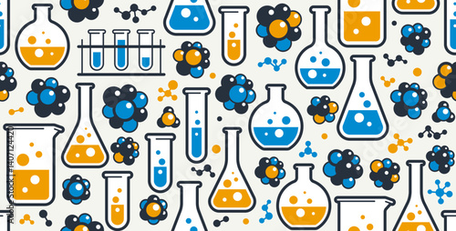 Chemistry seamless background, chemical laboratory endless pattern with molecules and flasks, repeat wallpaper of science and pharma theme.