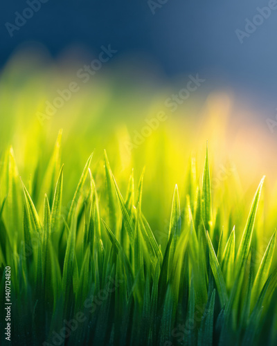 Macro shot of vibrant green grass with soft lighting, creating serene atmosphere