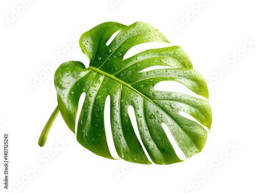 Lush green monstera leaf with droplets, perfect for nature lovers and decor enthusiasts