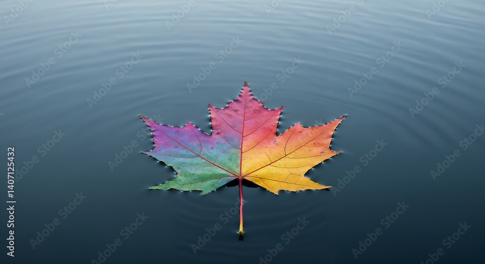 A maple leaf in rainbow colors floats on the calm surface of the water, for Canada Day