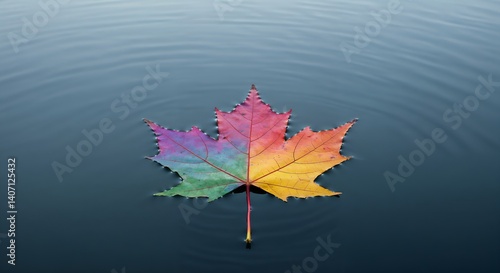 Obraz na płótnie A maple leaf in rainbow colors floats on the calm surface of the water, for Canada Day w salonie