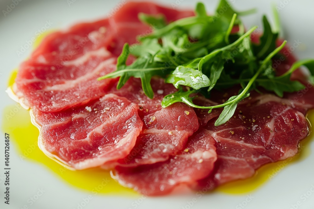 Plate of Carpaccio di Manzo with thin raw beef slices, garnished with fresh greens and olive oil. Concept of Carpaccio di Manzo highlights fresh, high-quality ingredients. Plate of Carpaccio di Manzo with thin raw beef slices, garnished with fresh greens and olive oil. Concept of Carpaccio di Manzo highlights fresh, high-quality ingredients.