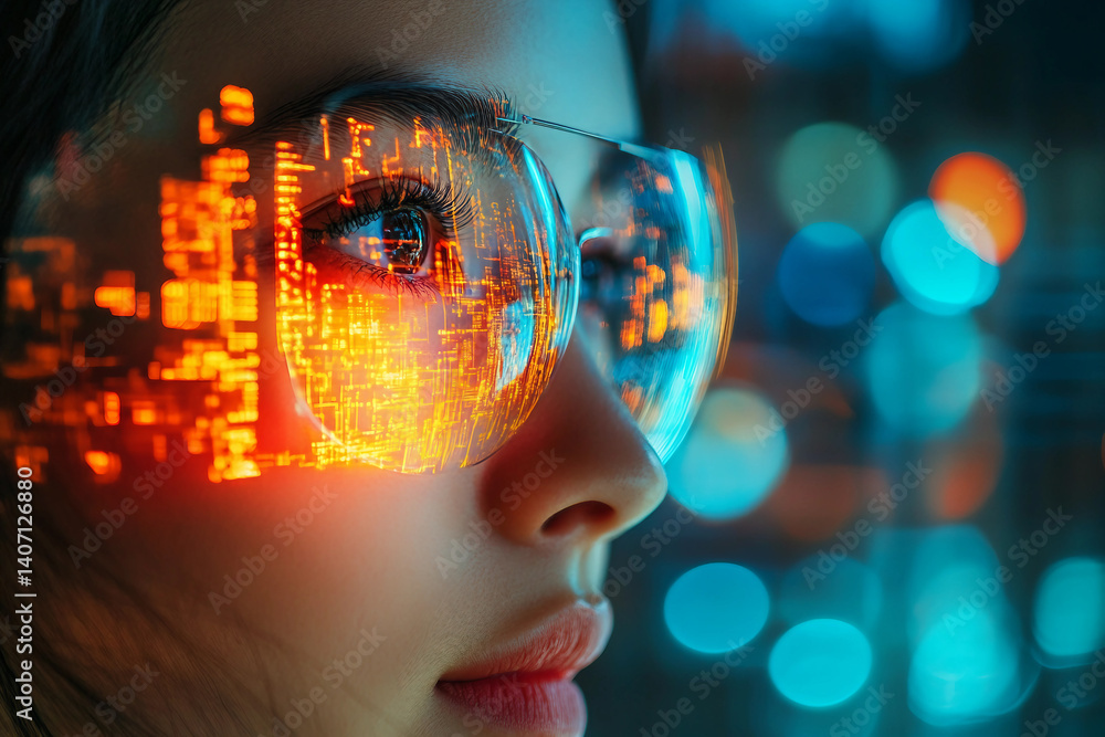 Futuristic AI-generated digital face with holographic data projections and neural network visual effects Futuristic AI-generated digital face with holographic data projections and neural network visual effects