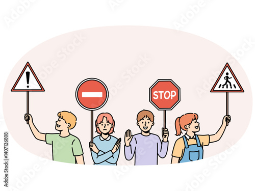 Young children hold traffic signs urging peers to follow safety rules walking streets. Happy preteen kids with street traffic signs recommend paying attention to problem of car accidents.