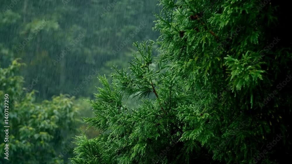 Raining shower in the green forest tropical loop video footage. Heavy rain falling on tree leaves
