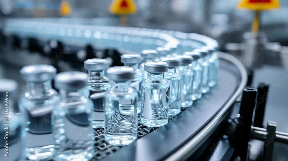 製薬工場のベルトコンベアを流れるワクチン小瓶の映像 製薬工場のベルトコンベアを流れるワクチン小瓶の映像