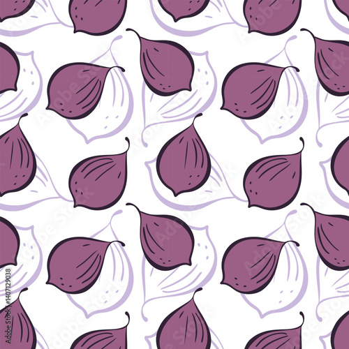 Seamless pattern figs. Purple figs on white background. Packaging, wallpaper, backdrop, label, fruity vibe. Vector illustration