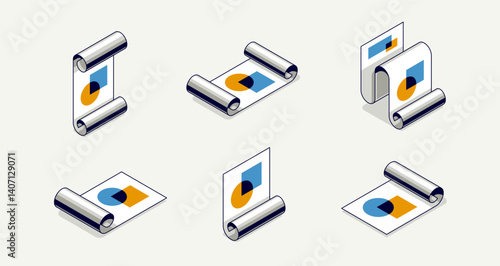 Engineering project concept set, paper document blueprint engineer work job vector 3D isometric illustration, abstract plan drawing, cad scheme icon.