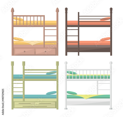 Set of bunk bed icons with sheets and pillows. Beds for overnight stays. Side view.