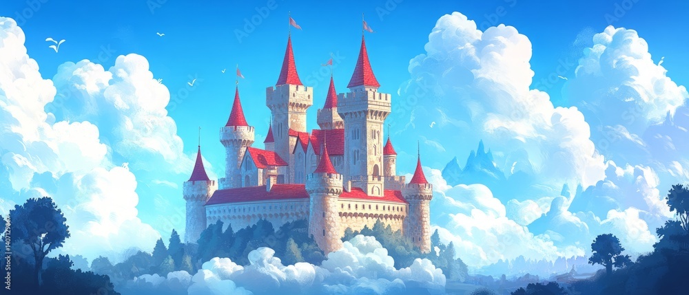 Majestic Fantasy Castle with Red Towers under Blue Sky – Vector Art