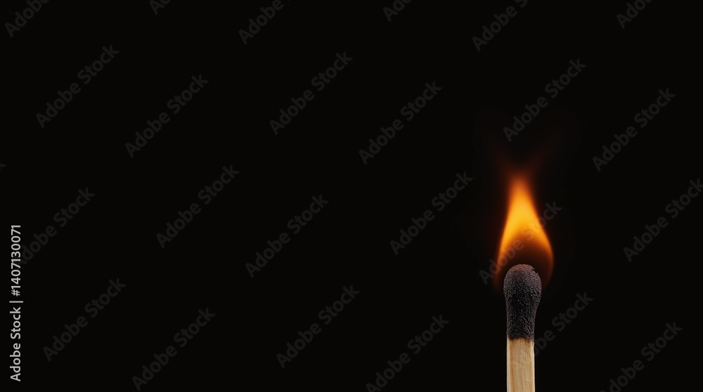 Fire Flame of Burning Matchstick Match against clean black dark Background Fire Flame of Burning Matchstick Match against clean black dark Background