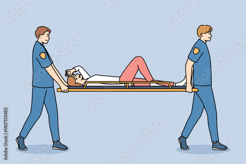 Ambulance doctors carry patients on stretchers to save life of person who has been in car accident or fallen down stairs. Ambulance paramedics save woman in need of emergency surgery to combat illness