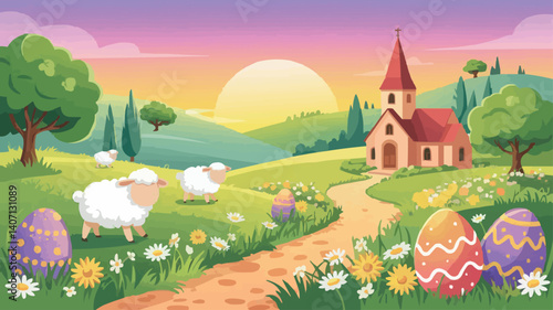 Easter Morning Church Landscape with Colorful Eggs and Sheep Vector Illustration