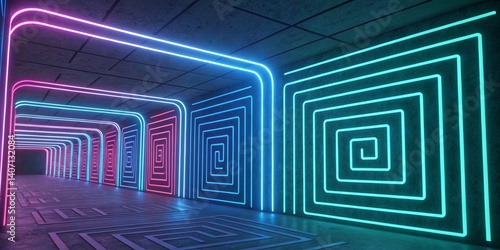Neon rectangle frame or neon lights horizontal sign.  abstract background, tunnel, portal. Geometric glow outline shape or laser glowing lines. Abstract background with space for your text.