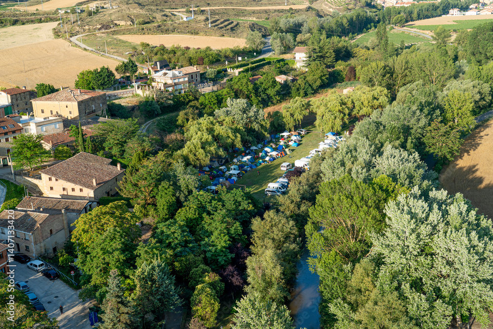 Obraz premium Aerial View from a Hot Air Balloon Over Vineyards and Fields in La Rioja, Spain
