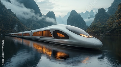 Wallpaper Mural Modern train glides on lake amidst misty mountains Torontodigital.ca