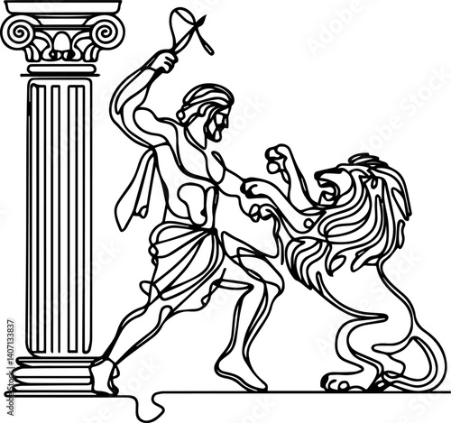 Hero battling a lion in a classical style against a column  