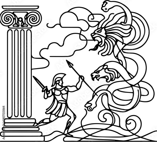 warrior confronting mythical beast in ancient Greece style  