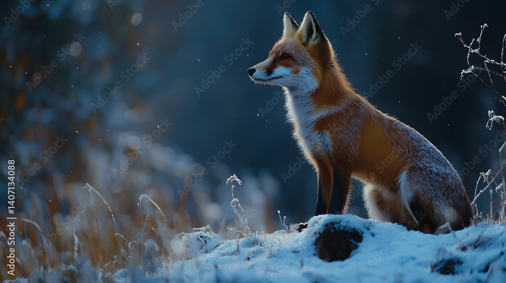 Obraz premium Red Fox Sitting on Snow in Winter Forest