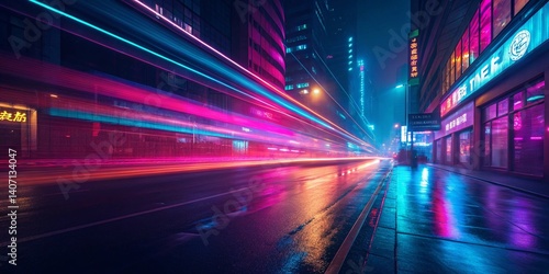 Neon night street in the city center in a wide picture. Unnamed city.