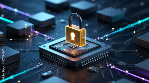 Golden padlock securing a central processing unit symbolizes data protection and digital security in a connected technological world with futuristic glowing networks.