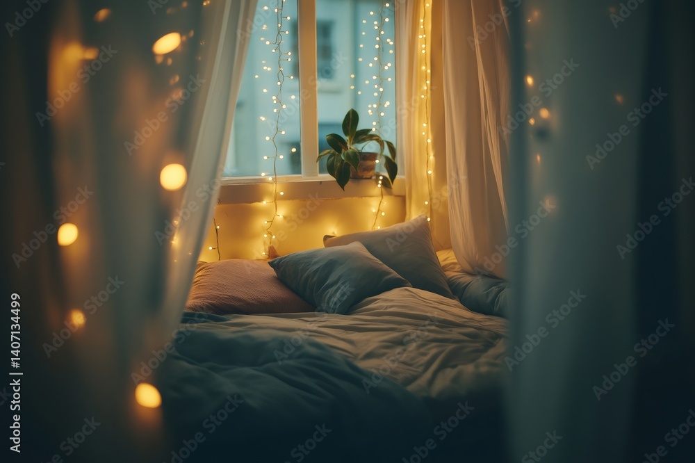 Warm string lights framing canopy bed with pillows and blanket, creating a cozy and dreamy atmosphere in a bedroom Warm string lights framing canopy bed with pillows and blanket, creating a cozy and dreamy atmosphere in a bedroom