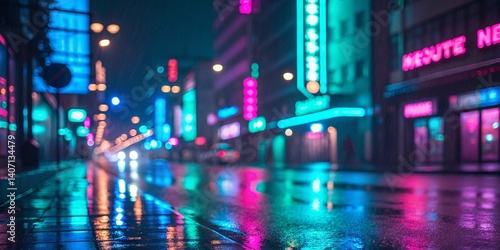 Neon night street in the city center in a wide picture. Unnamed city.