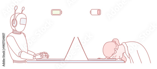 A humorous depiction of a robot working while a human appears exhausted, highlighting modern work dynamics.