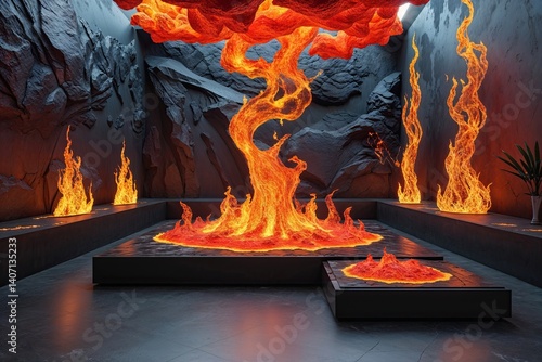 Intrepid Flames Lava Exhibit Featuring Unique 3D Minimalist Platform and Surreal Background