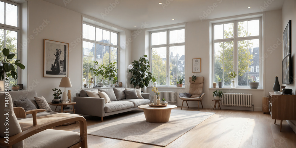 Fototapeta premium Living Room Sunlight Apartment Bright Interior with Sofa Plants and Large Windows