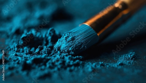 Brush with blue pigment on gray surface, artistic macro photography
