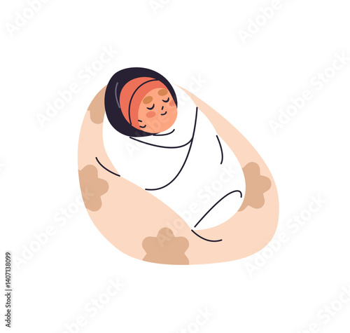 Cute baby girl sleeps on soft pillow. Asleep newborn, little kid in diapers, nappies lying, has a rest. Happy infant is wrapped swaddling clothes, relaxes. Flat isolated vector illustration on white