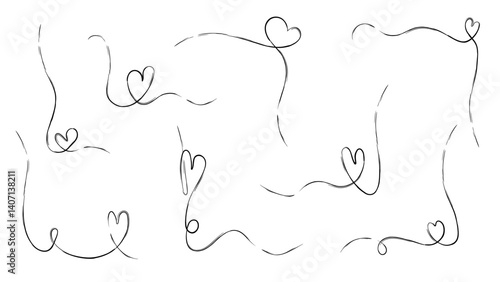 Doodle heart line frame. Continuous stroke with love art border for wedding decoration. Abstract romantic thin motif for corner. Separate linear scribble element for boho card. String ornament design.