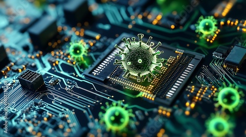 futuristic pcb motherboard background with virus detected warning firewall alert and antivirus protection illustrating cyber attack threat and network security danger