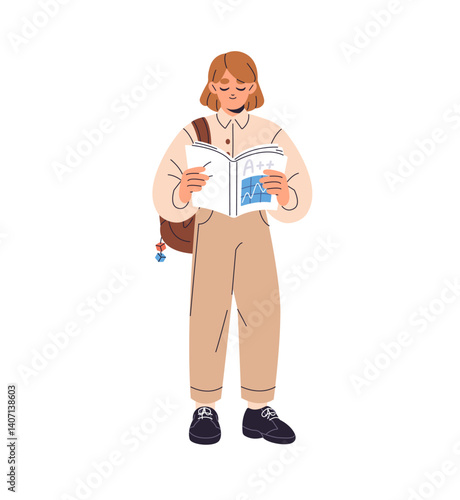 Excellent student reads, studies with textbook. Teen girl holds paper book, learning. Happy schoolgirl stands with backpack and copybook in hands. Flat isolated vector illustration on white background