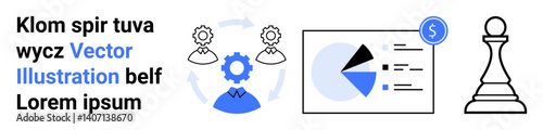 Gear mechanism with team heads, financial pie chart with dollar sign, and chess pawn symbolizing strategy. Ideal for teamwork, data analysis, business development, planning, strategy, leadership