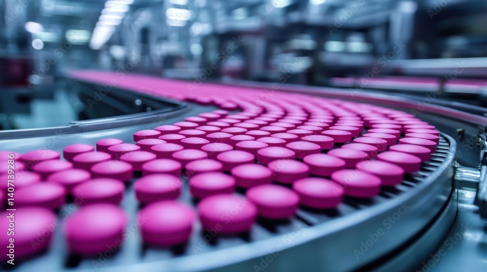 Obraz premium A macro shot of pink pharmaceutical pills moving along a sleek conveyor belt in a modern factory, with detailed focus on the pill surface and the industrial machinery around it