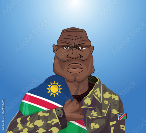 Embrace the essence of bravery and patriotism! Witness the power of an Namibian soldier with the national flag. Fuel your designs with pride. Get this essential vector file and inspire greatness!