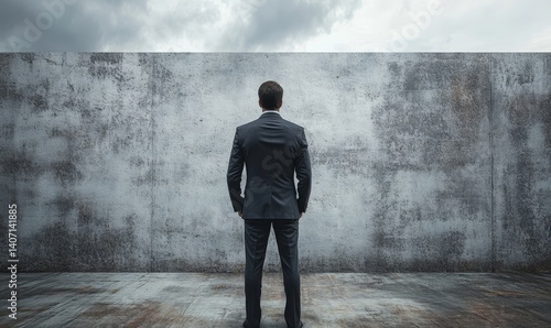 A determined businessman in a suit stands halted before a symbolic barrier, representing obstacles such as sanctions, economic challenges, or a potential business
