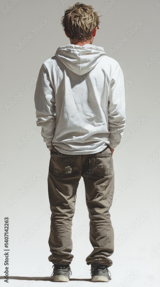 Fototapeta premium Figure standing. White hoodie, tan pants, looking forward on a blank background