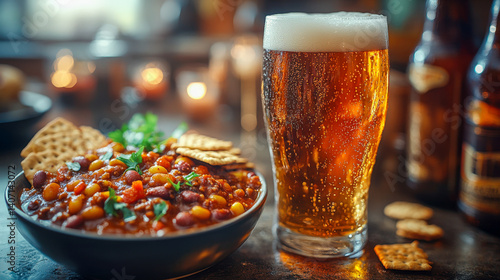 Beer and chili bowl pairing in cozy setting with warm lighting and festive atmosphere