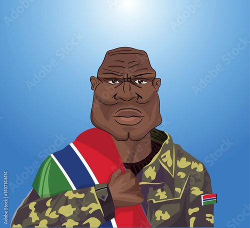 Embrace the essence of bravery and patriotism! Witness the power of an Gambian soldier with the national flag. Fuel your designs with pride. Get this essential vector file and inspire greatness!