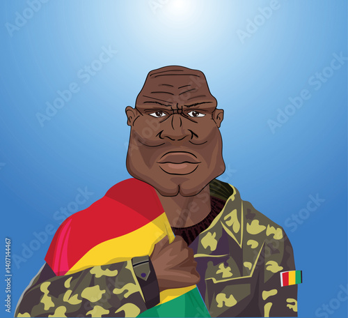 Embrace the essence of bravery and patriotism! Witness the power of an Guinean soldier with the national flag. Fuel your designs with pride. Get this essential vector file and inspire greatness!
