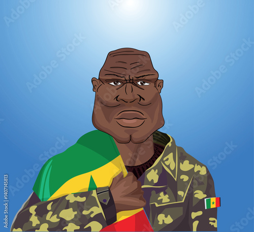 Embrace the essence of bravery and patriotism! Witness the power of an Senegalese soldier with the national flag. Fuel your designs with pride. Get this essential vector file and inspire greatness!