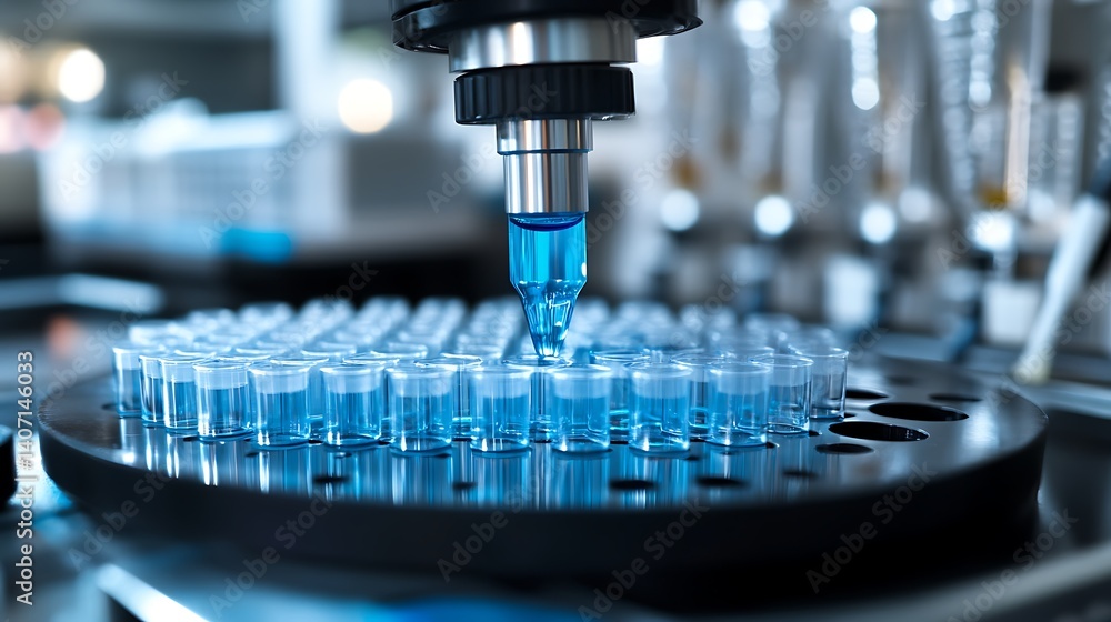 precision laboratory fluid handling equipment with nozzles aligned for sample dispensing in a high tech sterile research environment precision laboratory fluid handling equipment with nozzles aligned for sample dispensing in a high tech sterile research environment
