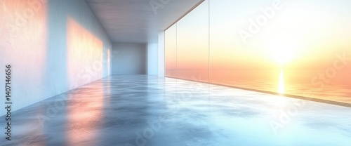 Room with sunset ocean view from windows. Light reflects on interior walls and shiny concrete floor